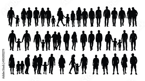 A large group of people in silhouette standing together isolated on white background, Vector
