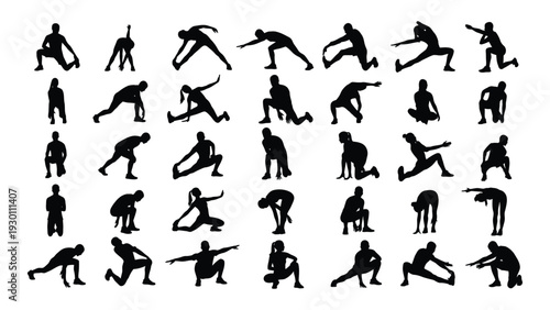A collection of various yoga poses in silhouette isolated on white background, Vector