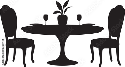 Black silhouette of dining table with two chairs and plant