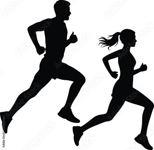 Running man and woman silhouettes, jogging fitness athletes sprinting sport activity isolated on white background