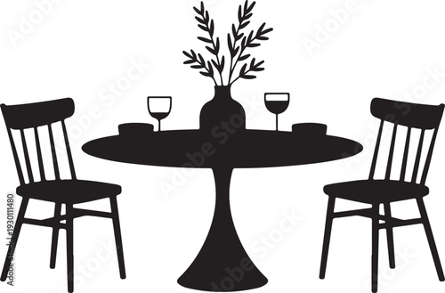 Black silhouette of dining table with two chairs and vase