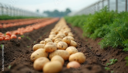 Wallpaper Mural Field rows with potatoes, carrots, and green plants grow in soil. Farm greenhouses visible in soft focus background. Ready for harvest, fresh organic produce. Torontodigital.ca