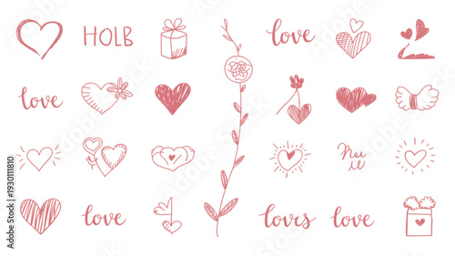 Vintage love icons and symbols vector illustration set, showcasing hearts, flowers, and romantic elements in a minimalist style.