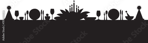 Black silhouette of dinner table setting with flowers and candles