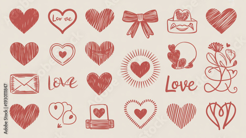Collection of red heart icons and love symbols in various styles and designs on a neutral background