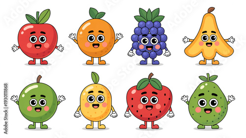 Collection of cartoon fruits with emotional faces and limbs, arranged in two rows, showcasing various fruit types in a digital illustration, viewed from a straightforward perspective