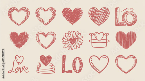 Collection of various red heart shapes and love symbols in different styles and designs, displayed together on a plain background, viewed from directly above