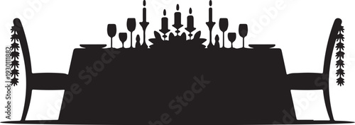 Black silhouette of dinner table with chairs and candelabra