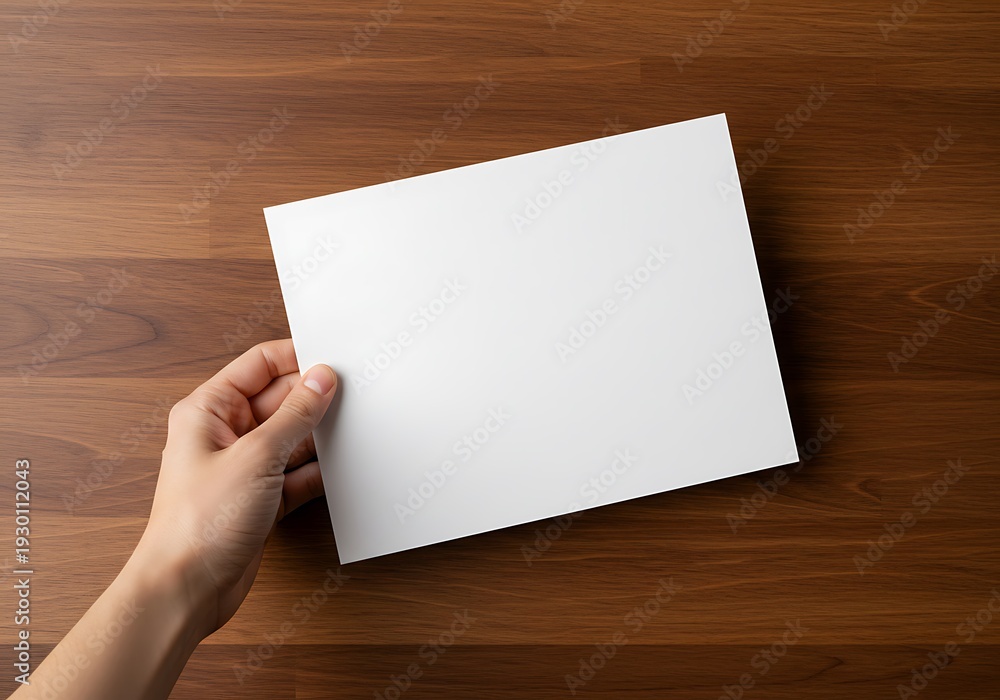 Fototapeta premium Hand Holding Blank Paper: Warm Wood Texture