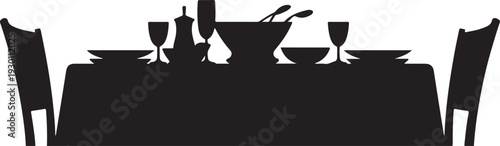 Black silhouette of dinner table with dishes and chairs