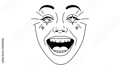 Joyful face with sparkling eyes laughing black white illustration