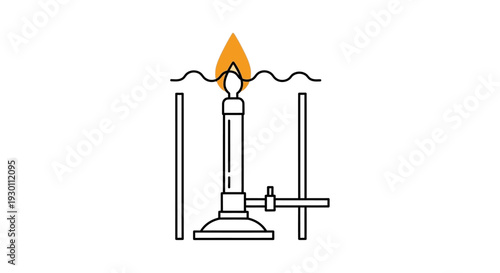 Laboratory Bunsen burner line art illustration with flame