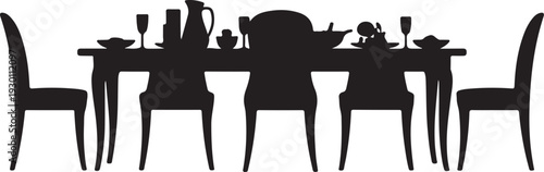 Black silhouette of dinner table with four chairs and tableware