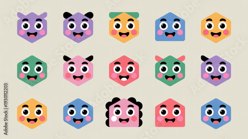 Collection of cute geometric character faces with various emotions and expressions in a vector illustration