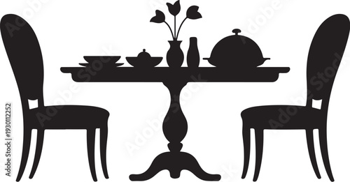 Black silhouette of dinner table with two chairs