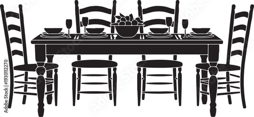 Black silhouette of dinner table with six chairs dining table
