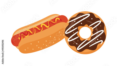 Classic fast food pairing features a grilled hot dog with mustard and ketchup alongside a chocolate glazed donut with sprinkles.