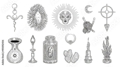 Collection of hand-drawn occult and mystical objects including sun, moon, and ritualistic symbols in detailed illustrations on a white background viewed from a straightforward perspective
