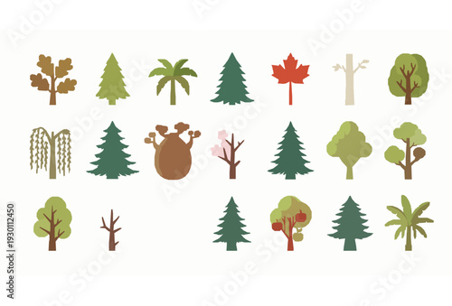 Diverse Tree Species Flat Vector Set Isolated on White Background Botanical Collection
