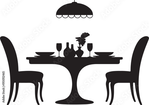 Black silhouette of dinner table with two chairs and lamp