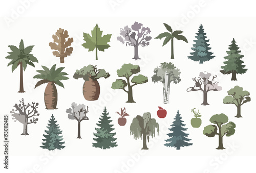 Hand Drawn Tree Variety Vector Collection Isolated Botanical Illustration Set