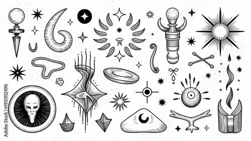 Collection of hand-drawn occult and mystical objects, symbols, and icons displayed together, showcasing esoteric and spiritual elements in a detailed illustration.