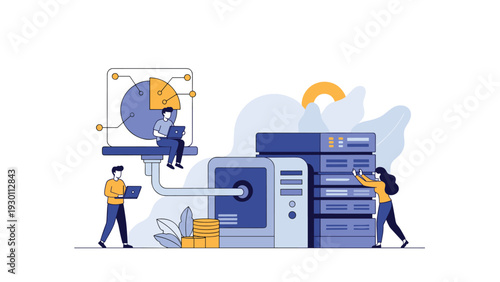 IT specialists and data analysts managing hardware servers and processing information visualized on large digital dashboards.