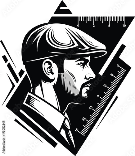 Black and white vector illustration of a professional man in a flat cap with rulers for architecture tailoring and branding