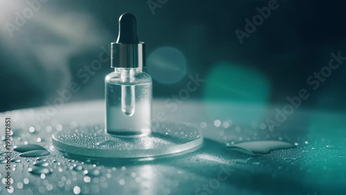 Crystal clear skincare dropper bot fluid texture in cinematic macro close up