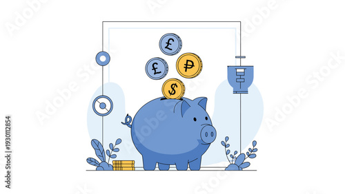 Blue piggy bank saving various international currency coins including dollars and pounds for global financial management.