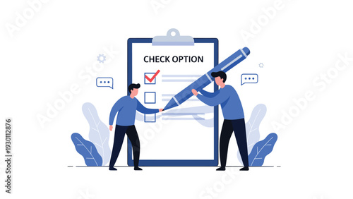 Two team members collaborating to complete tasks on a giant clipboard by checking off options with a large blue pen.