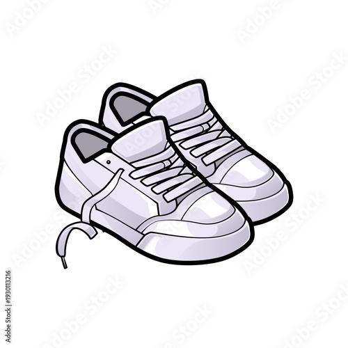 Colored vector illustration of a pair of blank white sneakers featuring untied laces from an angled perspective. Perfect for streetwear branding, casual lifestyle mockups, and retail fashion.
