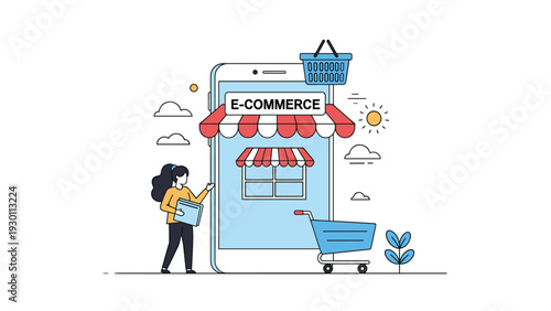E-commerce shopping experience where a customer interacts with a mobile storefront to purchase goods and services online.