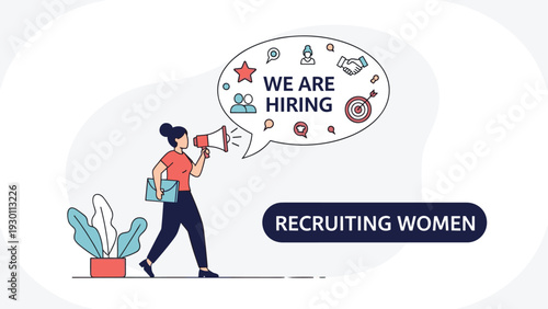 Company recruiter using a megaphone to broadcast job opportunities and attract talented professional women candidates.