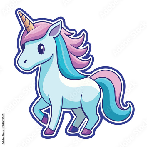 A whimsical cartoon unicorn with a flowing purple mane and turquoise tail standing gracefully