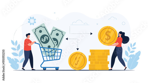Financial transaction concept showing consumers exchanging paper money and coins for goods and services in a market.