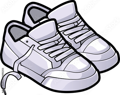 Colored vector illustration of a pair of blank white sneakers featuring untied laces from an angled perspective. Perfect for streetwear branding, casual lifestyle mockups, and retail fashion.