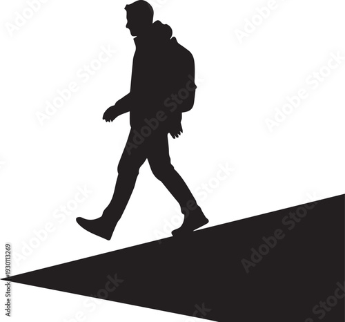 Man with a backpack walking uphill on an inclined road or path toward a destination vector silhouette illustration