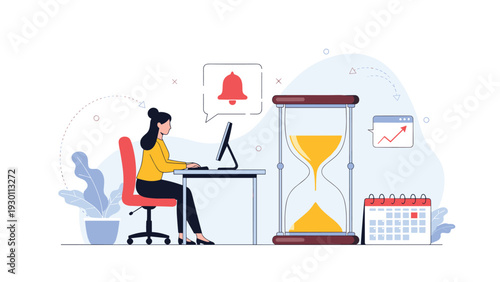 Professional employee managing deadlines and time constraints while working on office tasks with digital notification systems.