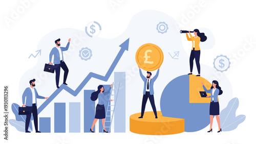 Diverse professional team analyzing market trends and currency values to drive successful business growth and profit.