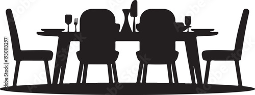 Black silhouette of four chairs around a dining table