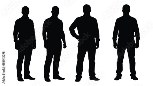 Four men standing in a row in silhouette isolated on white background, Vector