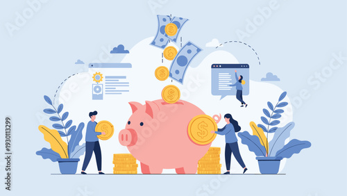 Wealth management and savings concept featuring individuals depositing gold coins and cash into a large piggy bank.