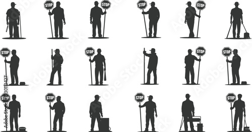 Vector, Illustration, Set, of, Traffic, Controller, Silhouettes, Holding, Stop, Signs, for, Construction, Identity, Branding, Professional, Graphic, Design, 