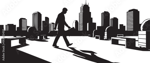 Vector illustration of man walking through park with city skyline background and line art