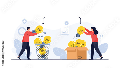 Creative concept showing the process of sorting through ideas to discard failures and select successful innovations.