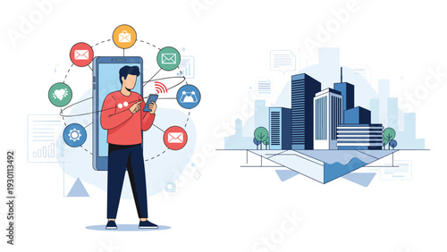 Urban professional managing city life and business tasks through a mobile application with various digital services.