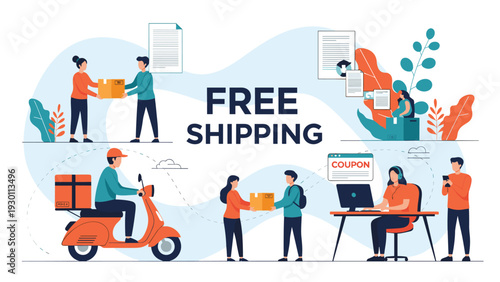 E-commerce delivery team coordinating free shipping services and package distribution for online shopping orders.