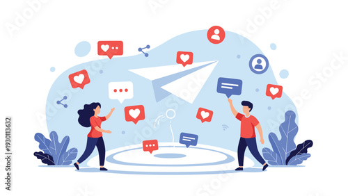 Young man and woman managing social media engagement with heart icons, speech bubbles, and a large white paper plane symbol.