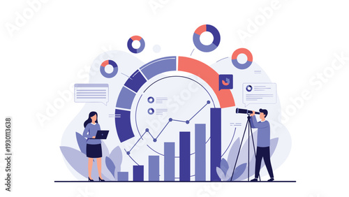 Business professionals conducting data analysis using large infographic charts, graphs, and a telescope for future trend forecasting.